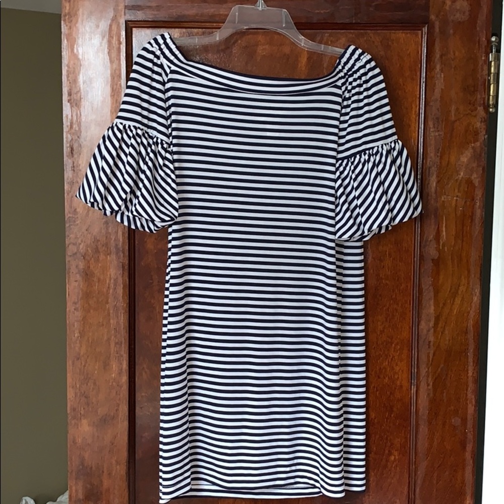 navy and white stripped off the shoulder dress